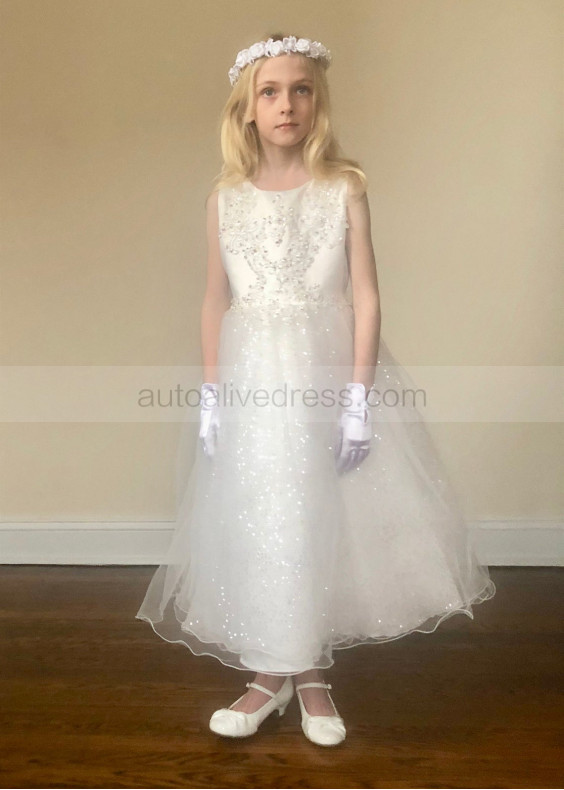 Beaded Ivory Lace Tulle Ankle Length Flower Girl Dress Beaded Ivory Lace Tulle Ankle Length Flower Girl Dress